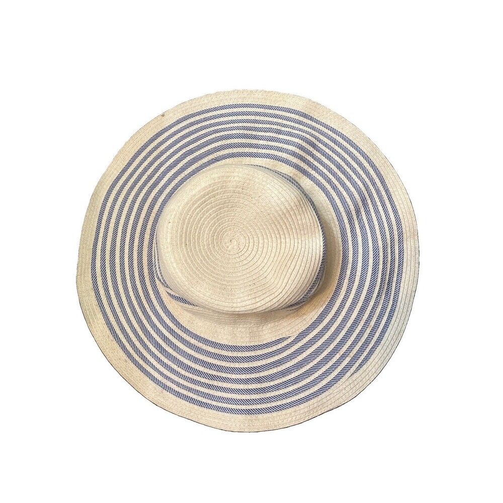Womens Beachy Coastal Sun Hat Wide Brim 8" Diameter Seersucker Preppy Striped